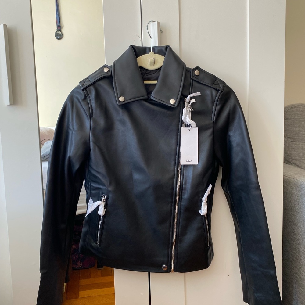 NWT MANGO FAUX-LEATHER BIKER JACKET Women's Black - XS - Picture 9 of 12